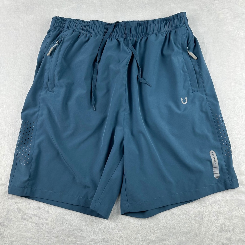 Northyard Men's L Running Shorts 7" Quick Dry Athletic Gym Blue Zip Pocket